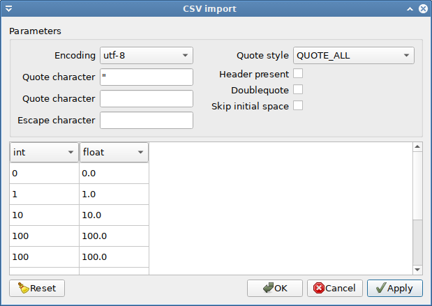 CSV import dialog